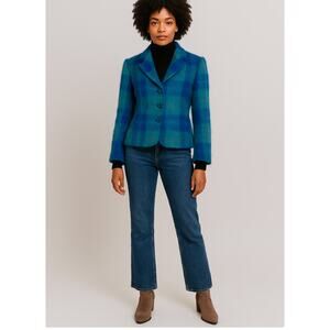 Vintage Hillary Charles Mohair Wool Blend Plaid Jacket Blue Green USA Made